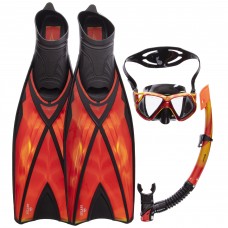 Набор для плавания маска с трубкой и ластами Zelart M243S-SN120S-F06 (термостекло, силикон, пластик, PU, желтый-красный) (PT0909)