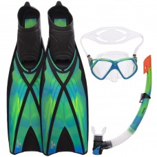 Набор для плавания маска с трубкой и ластами Zelart M243S-SN120S-F06 (термостекло, силикон, пластик, PU, синий-зеленый) (PT0908)