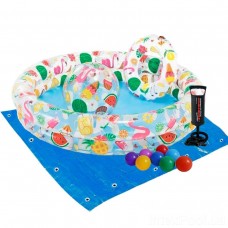 Дитячий надувний басейн Intex 59460-2 «Фрукти», 122 х 25 см, з м'ячиком та колом, з кульками 10 шт, підстилкою, насосом (hub_fkch5w)