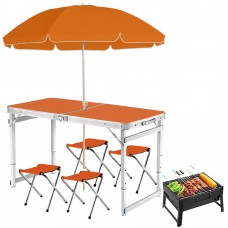 Складаний туристичний посилений стіл Easy Campi з парасолькою 1.8м та 4 складними стільцями для пікніка в валізі Помаранчевий + Складаний мангал Grizly