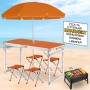 Складной туристический усиленный стол Easy Campi с зонтом 1.8м и 4 складных стула для пикника в чемодане Оранжевый + Складной мангал Grizly