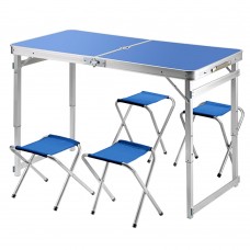 Складаний туристичний посилений стіл Easy Campi з парасолькою 1.8м та 4 складні стільці для пікніка в валізі Синій + Складаний мангал Grizly